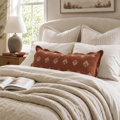 BlissBlush Long Lumbar Pillow Cover 14x36 for Bed, Terracotta Velvet Decorative Lumbar Pillow Cover, Floral Accent Cushion Cover with Embroidery and Scalloped Edge for Couch Sofa Bed, Cover ONLY - Image 3