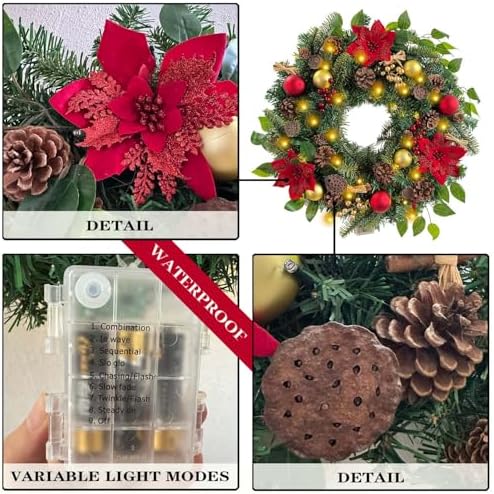 WANNA-CUL Pre-Lit 24 Inch Red Gold Christmas Wreath for Front Door - Image 4