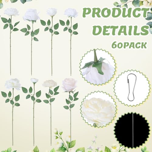 Lyrow 60 Pack White Artificial Flower Hanging Ornaments White Rose Floating Garland Floral Minimalist Boho Wedding Proposal Anniversary French Cream Farmhouse Ceiling Garland Table Decor DIY Craft - Image 3