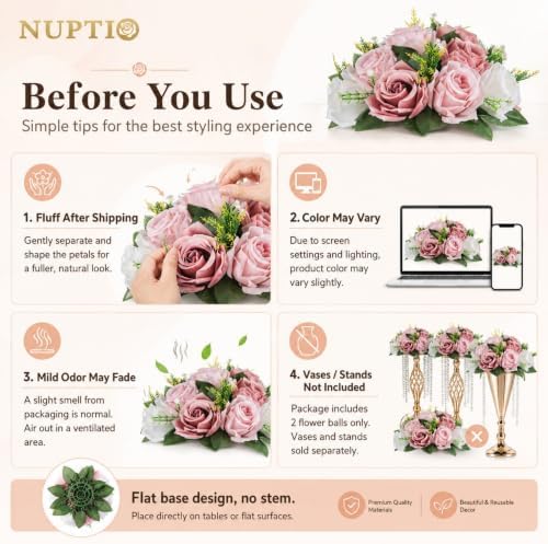NUPTIO Flower Balls for Wedding Centerpieces - 6 Pcs 9.5 inch Diameter Fake Flower Ball Arrangement Bouquet Party Centerpieces for Tables - Dusty Rose Bouquet Centerpiece Flowers for Wedding Table - Image 6
