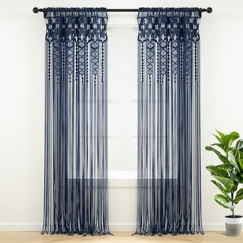 Lush Decor Boho Macrame Textured Cotton Window Curtain Panel Single 40" W x 84" L Navy - Macrame Curtains for Windows, Room Divider, Boho Wall Decor by LushDecor
