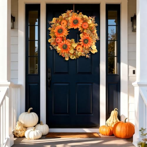 24 Inch Fall Wreath for Front Door, Autumn Harvest Wreaths with Yellow Leaves, Sunflower, Orange Pumpkin, Artificial Wreath for Indoor Outdoor Porch Thanksgiving Home Farmhouse Decorations - Image 2