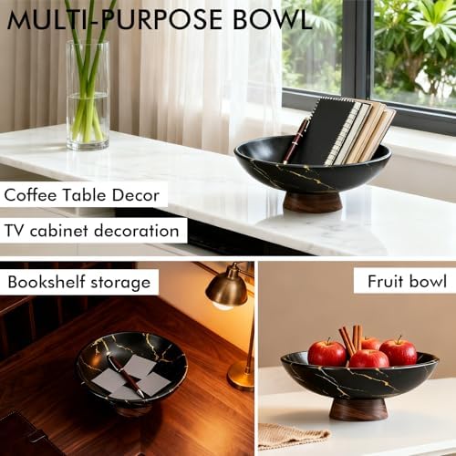 Black Marble Texture Decorative Bowl with Wood Base – 11" Modern Pedestal Fruit Bowl for Dining Table, Kitchen or Entryway Décor - Image 4