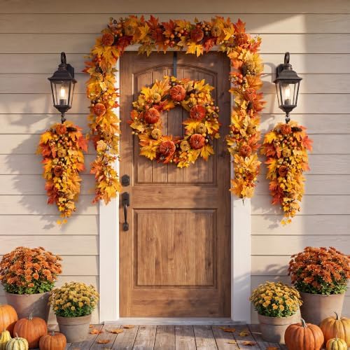 Glitzhome Fall Garland for Mantle, 6ft Velvet Pumpkin Garland with Pinecones Berries and Leaves, Fall Leaf Decor for Fireplace Shelf Home Display - Image 6
