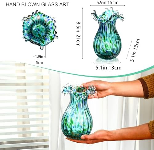 Green Glass Bubble Vase for Flowers, 8.5" Blown Glass Vase for Home Decor - Image 2