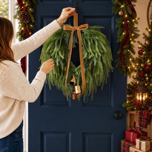24" Christmas Wreaths Front Door Norfolk Pine Wreath with Bow Bells - Image 4
