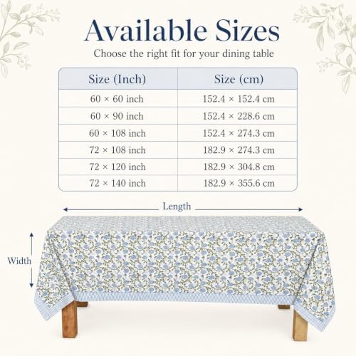 Hand Block Print Square Tablecloth Hibiscus Blue Vine 60 * 60 inch Reusable Table Cover Decorative Everyday Use for Dining Room, Farmhouse, Home Gift for Spring, Summer - Image 3