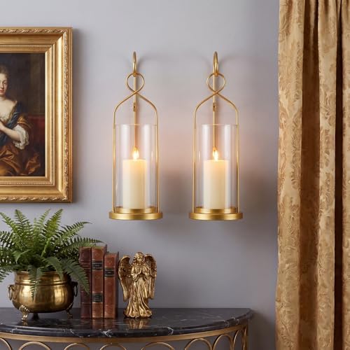 Set of 2 Gold Wall Candle Sconces Decor Wall Candle Holder for Pillar Candles - Modern Metal Hurricane Lantern Decoration for Indoor Porch Fireplace Bathroom Living Room - Image 5