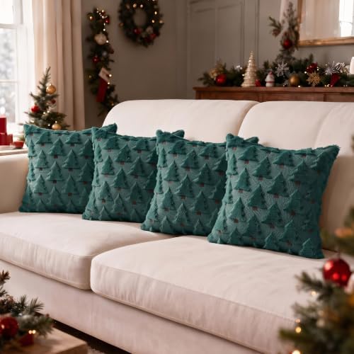 Christmas Throw Pillow Covers 16x16 inch Set of 4, Green Xmas Tree Holiday Winter Living Room Soft Fluffy Plush Faux Fur Wool Decorations for Sofa Couch Bed - Image 3