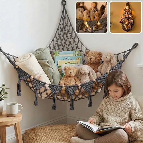TIDYTEDS XL Stuffed Animal Hammock – Handcrafted Corner Net, 4mm Double Macrame Cord, 100% Natural Cotton Plushie Holder with LED Light (Gray) by TIDYTEDS