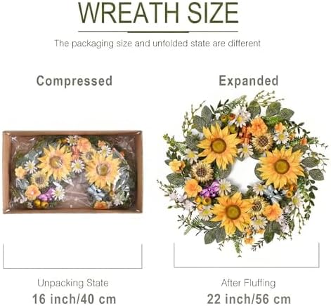 DecorbyHannah Summer Sunflower Wreaths for Front Door Outside All Season, 22 Inch Artificial Collapsible Farmhouse Wreaths with Daisy and Bee, Sunflower Decor for Porch, Wedding Housewarming Gifts - Image 5