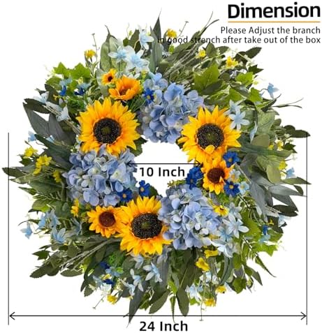 HipTree 24 Inch Spring Summer Wreath for Front Door,Hydrangeas Sunflowers - Image 2