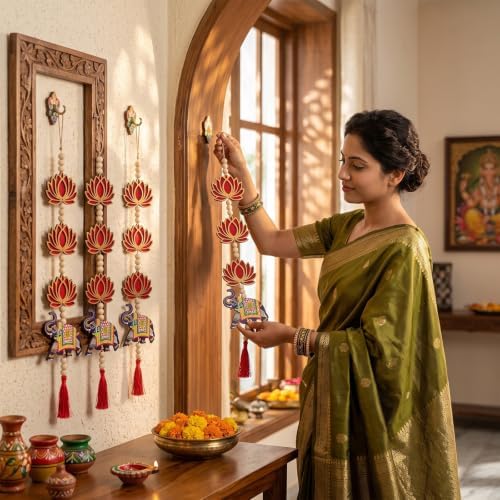 8 Pcs Indian Pichwai Style Diwali Hanging Decor, Red Lotus with Elephant - Image 4