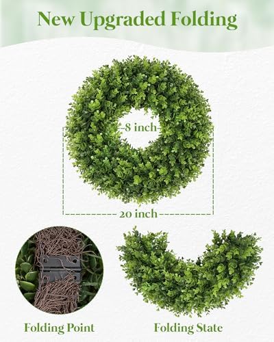 20 Inch Artificial Boxwood Wreath for Front Door, UV Resistant Outdoor Green Wreath, Waterproof Weather Resistant Spring Summer Farmhouse Porch Wall Decor for Home Wedding Indoor Decorations - Image 4