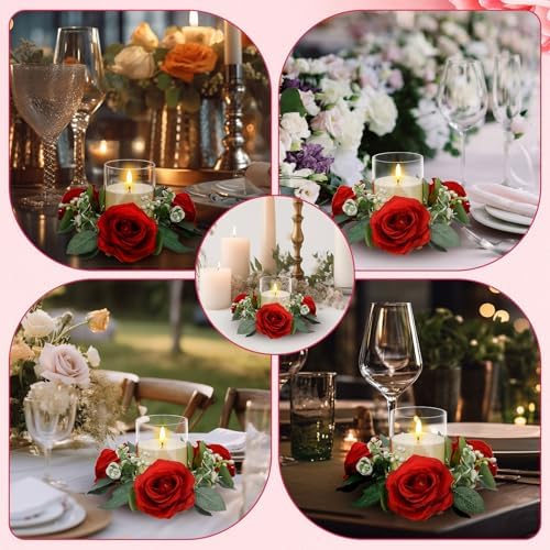 Yunlly 12 Pcs Rose Candle Rings with Candles Sets, Red - Image 6