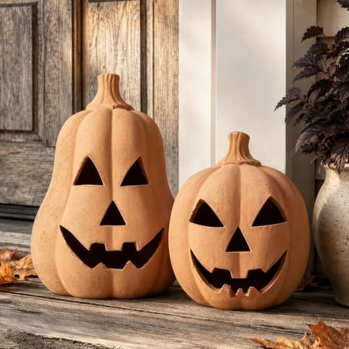 Halloween Decorations, Set of 2 Handmade Terracotta Jack O' Lanterns by Mythcloud