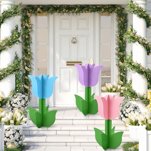 3 Pcs Spring Outdoor Tulip Decorations 3D Large Wooden Tulip Yard Signs Rustic Flower Porch Decorations for Home Spring Party Porch Yard Garden Front Door, 15.75 Inch - Image 5
