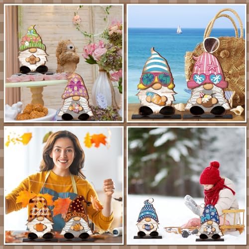 68 Pcs Seasonal Interchangeable Wooden Gnome Decor Farmhouse Holiday 2 Pcs Gnome Standing Centerpieces Decoration with 2 Wooden Bases 64 Detachable Hats Magnet Pieces for DIY Holiday Decorations - Image 6