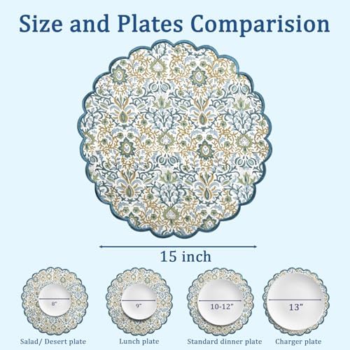 Ridhi Floral Block Print Round Placemats 15" in, Set of 4, Indigo - Image 6