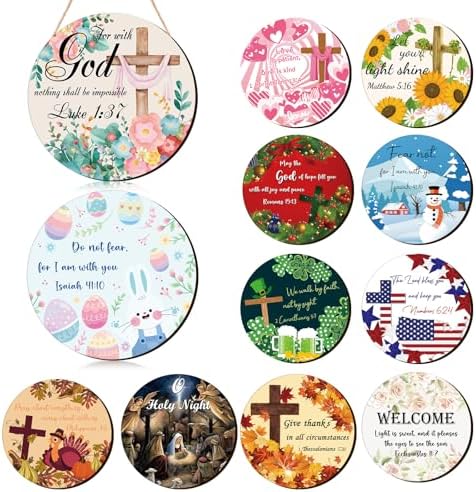 Geelin 12 Pcs Christian Seasonal Sign 12 Inch Easter Jesus He Is Risen Door Decoration Religious Cross Wood Wreath Spring Wall Hanging Art for 4th July Summer Outdoor Decor by Geelin