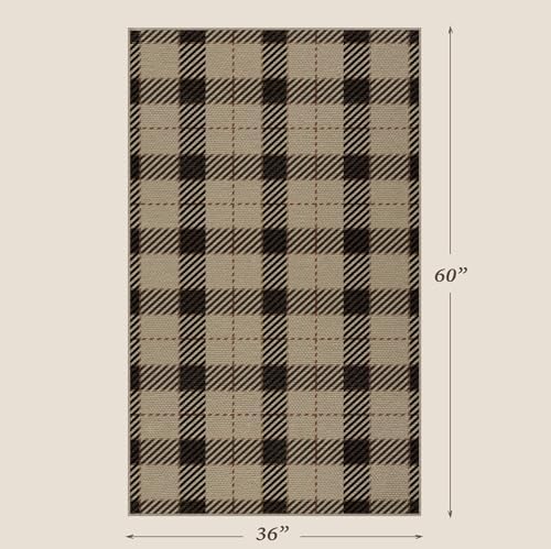 JTJ Outdoor Rug 3x5 for Front Porch, Washable Easy Jute Indoor Outdoor Rug, Non Slip Entryway Area Rug for Patio, Kitchen, Balcony, Farmhouse Black & Tan Plaid Rug - Image 2