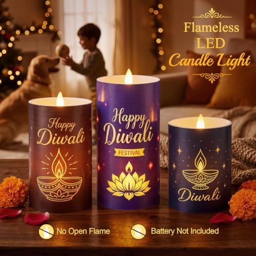 Blosssound 3 Pack Diwali Gifts Glass Flameless Candles Battery Operated - Image 4