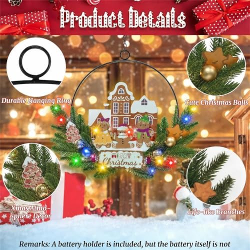 Pre-Lit Christmas Wreath for Front Door, Gingerbread with 6H On/18H Off - Image 3