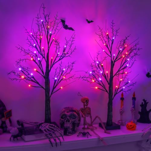 Halloween Indoor Decorations 2 Pack 24 Inch Black Halloween Tree with 24 Orange Purple Led Lights, Timer/USB/Battery Operated Lighted Spooky Tabletop Tree for Halloween Decor Home Table Holiday Party by Unknown