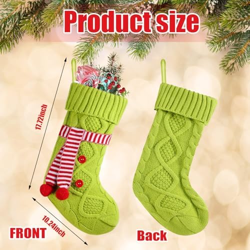 6 Pieces Green Christmas Stocking 18 Inches Large Green Knitted Stocking with Scarf Xmas Hanging Stocking Decorations for Fireplace Christmas Holiday Party Decoration Family Stockings - Image 6