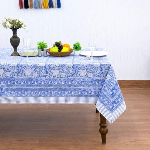 Home Spun & Crafts 72x180 Inches Rectangle Hand Block Print Tablecloth, 100% Cotton, Blue Floral Table Cloths Washable, Traditional Indian for Dining Outdoor Thanksgiving Halloween Christmas - Image 2