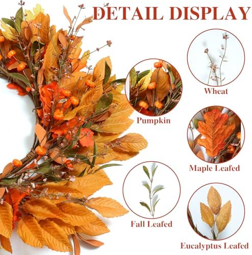 Betylifoy Fall Wreath for Front Door 22'' Artificial Autumn Pumpkin Wreaths - Image 3