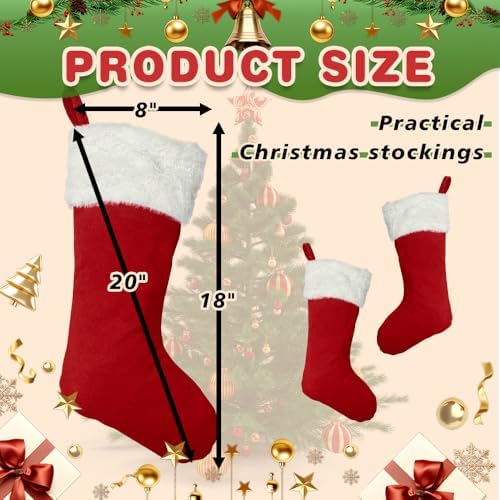 6Pack Red Christmas Stockings Traditional 20 Inch Large Vintage Christmas Stocking Polyester Plush Luxury Xmas Stocking for Family Holiday Party Decor and Xmas Tree Fireplace Mantle Pet - Image 2