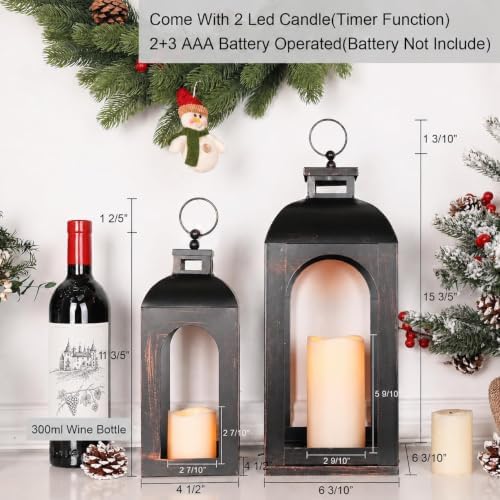 LED Lantern Decorative Outdoor&Indoor, Set of 4 (17’’&13’’) Black Metal Lanterns Decor, Vintage Hanging Candle Holder for Home Porch Wedding Halloween Christmas Decorations Battery Powered - Image 3