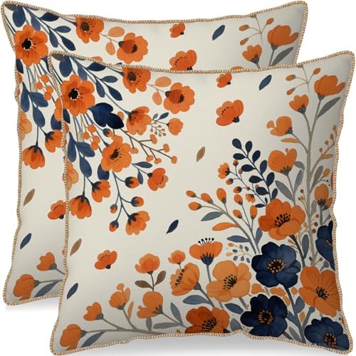 Fall Floral Velvet Pillow Covers 20x20 Set of 2, Burnt Orange Blue Autumn Colored Flower Seasonal Print Vintage Decorative Throw Pillowcases Holiday Farmhouse Cushion Cases Couch Sofa Bed Decor by Aytipun