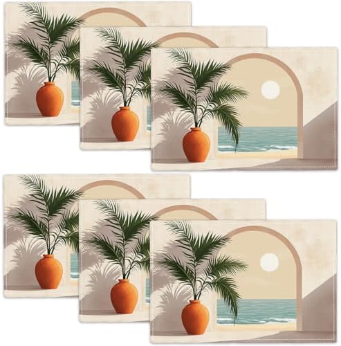 Boho Placemats Set of 6 Beach Table Mats Abstract Place Mats Decor Imitation Linen Heat Resistant Green Botanical Tablecloth for Dining Decorations Kitchen Party Restaurants 12''x18'' by gkmaolt