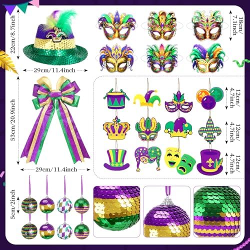Halfchet 43 Pcs Mardi Gras Theme Tree Decoration Mardi Gras Theme Tree Hanging Ornament Carnival Purple Green Gold Decoration for Carnival Party Decor - Image 3