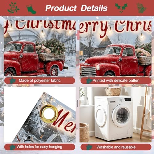 Christmas Garage Door Banner 7x16FT, Red Vintage Truck Merry Christmas Garage Door Cover, Large Outdoor Xmas Garage Decoration for Driveway and House Front - Image 3