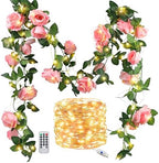 FiveSeasonStuff 29 Ft 4 Pack Amaranth Light Pink Rose Silk Flower Garland Artificial Flowers Decoration Hanging Floral with 66 feet String Lights by FiveSeasonStuff