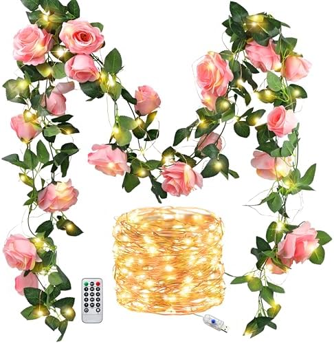 FiveSeasonStuff 29 Ft 4 Pack Amaranth Light Pink Rose Silk Flower Garland Artificial Flowers Decoration Hanging Floral with 66 feet String Lights by FiveSeasonStuff