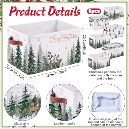 6 Pcs Christmas Tree Storage Bins with Handles, Green Pine Gift Baskets - Image 3
