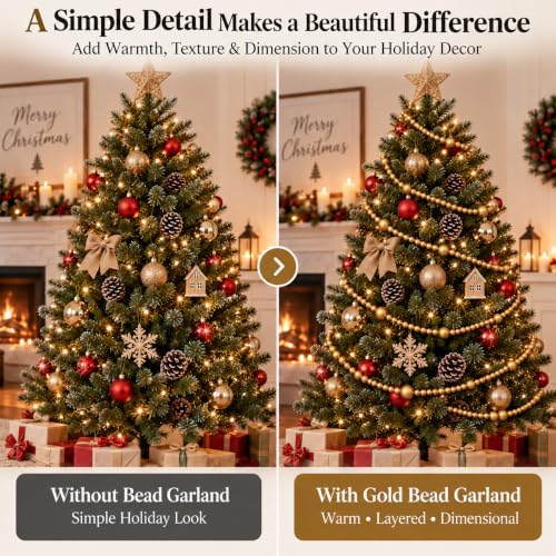 48 FT Gold Christmas Wood Bead Garland, 4-Pack Farmhouse Tree Decor - Image 3