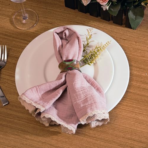 FINGERCRAFT Lace Cloth Napkin, Cotton Gauze, Set of 12, 20x20 in,Peach Wipe - Image 2