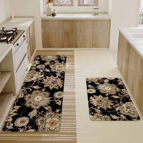Boho Kitchen Mat Set of 2,Black Paisley Floral Kitchen Rugs and Mats Non Skid Washable,Bohemia Farmhouse Runner Rugs with Rubber Backing for Kitchen Decor Accessories (17"x47"+17"x30") - Image 4