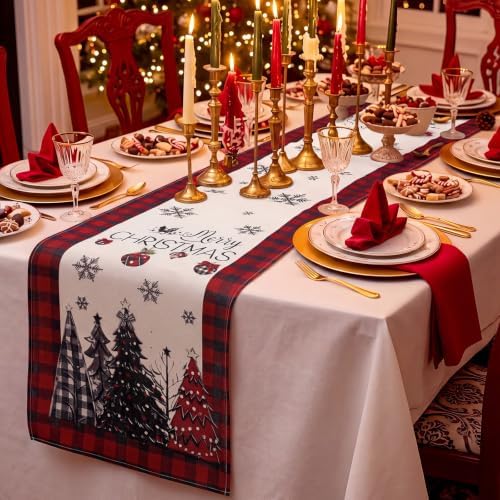Remagr 6 Pack Christmas Table Runners, 13 x 72 Inch, Red Black Plaid Border - Image 2