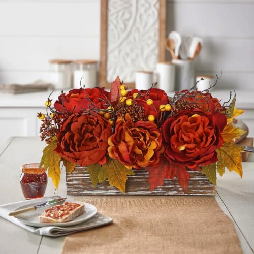 DILATATA Fall Decor Autumn Harvest Floral Centerpiece with Artificial Peony Maple Leaf and Berries Arrangement for Thanksgiving Party Mantel Fall Decor - Image 2