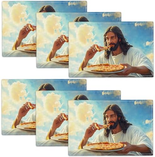 Jesus Eats Pizza Placemats Set of 6 Funny God Table Mats Christian Place Mats Decor Imitation Linen Heat Resistant Tablecloth for Dining Decoration Kitchen Party Restaurants 12''x18'' by gkmaolt