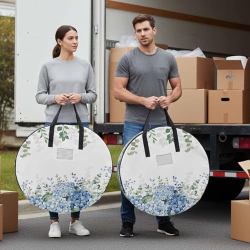36 Inch Round Storage Bag 1 Pack,Green Eucalyptus Leaf Blue Hydrangea Waterproof Wreath Storage Container with Handles&Zipper Blossom Floral Closet Organizer Bags Garland Box - Image 4