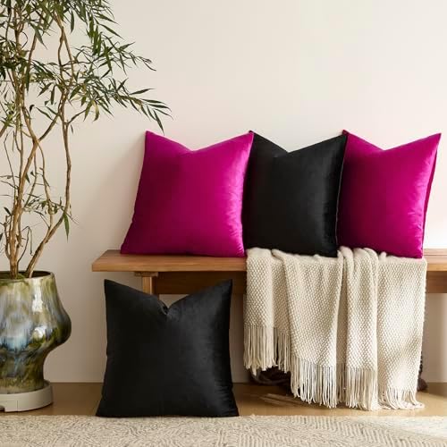 GIGIZAZA Pack of 4 Decorative Velvet Pillow Covers 18x18 Black Hot Pink - Image 3
