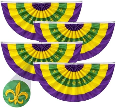 4 Pcs Mardi Gras Bunting Flag 2 x 4Ft Carnival Pleated Fan Flag with Embroidery Iris Banner Mardi Gras Purple Yellow Green Party Decor for Indoor Outdoor Garden Hanging Porch Home Decoration by LinaGarten