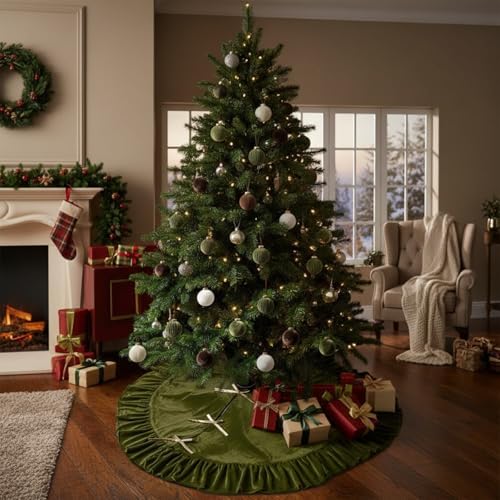 Velvet Christmas Tree Skirt, 60 Inches, Bow Style, Olive Green - Image 4